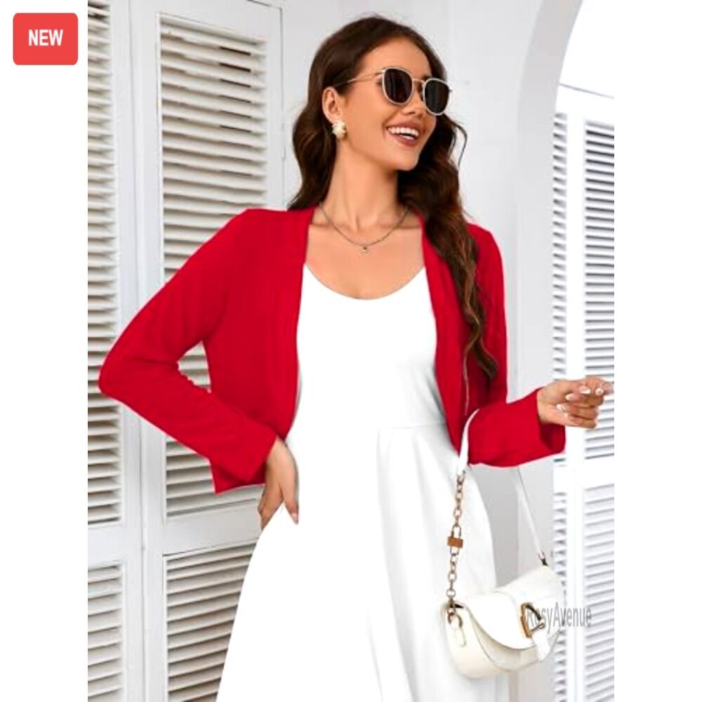 Long Sleeve Thin Knitted Cropped Cardigan Open Front Lightweight Shrug Sweater - Picture 4 of 5